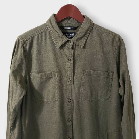 Carhartt Womens Rugged Flex Relaxed Fit Midweight Flannel Tunic Shirt Green Sz L - Picture 2 of 14